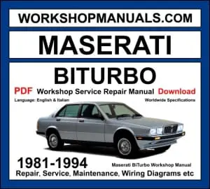 Maserati Biturbo 1981-1994 workshop manual covering 2.0L, 2.5L, 2.8L V6 twin-turbo engines with repair and service procedures PDF download