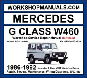 Mercedes G Class W460 1986-1992 workshop manual covering 2.0L M115 2.3L M102 2.8L M110 petrol and 2.4L OM616 2.5L OM602 3.0L OM617 diesel engines with service repair procedures and wiring diagrams