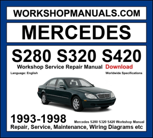 Mercedes S Class S280 S320 S420 W140 1993-1998 workshop manual covering 2.8L M104 3.2L M104 inline-six and 4.2L M119 V8 engines with service repair procedures and wiring diagrams dealer software download