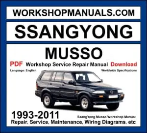 Ssangyong Musso 1993-2011 workshop manual covering 2.3L M111 petrol 2.9L OM662 diesel and 3.2L M104 petrol engines with service repair procedures and wiring diagrams