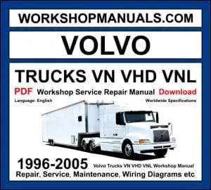 Volvo Trucks VN VHD VNL 1996-2005 workshop manual covering Cummins ISX, Volvo D12 and D16 diesel engines with repair and service procedures PDF download