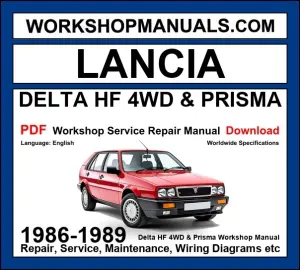 Lancia Delta HF 4WD and Prisma 4WD 1986-1989 workshop service repair manual cover with red Lancia Delta hatchback
