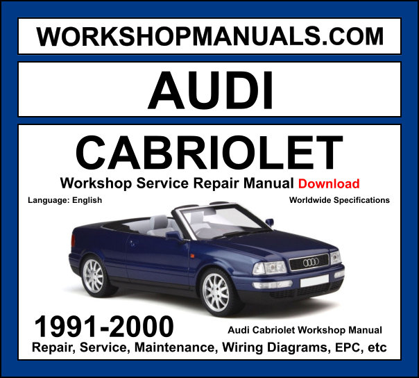 Audi Cabriolet B4 1991-2000 workshop manual covering 1.8L 2.0L 2.3L 5-cylinder 2.6L 2.8L V6 petrol and 1.9L TDI diesel engines with service repair procedures and wiring diagrams