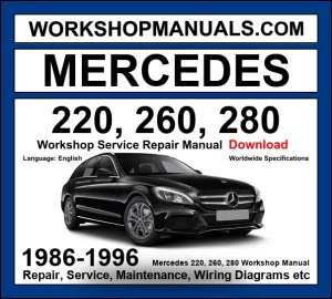 Mercedes 220 260 280 W124 1985-1996 workshop manual covering 2.2L M111 2.6L M103 and 2.8L M104 engines with service repair procedures and wiring diagrams dealer software download