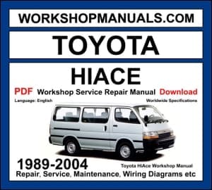 Toyota HiAce 1989-2004 workshop manual covering 2.4L 2RZ-E 2.7L 3RZ-FE petrol and 2.8L 3L 3.0L 5L diesel engines with service repair procedures and wiring diagrams PDF download