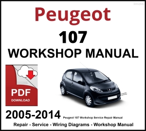 Peugeot 107 Workshop Manual for 2005-2014, featuring a black car image and PDF download icon for repair, service, and wiring diagrams.