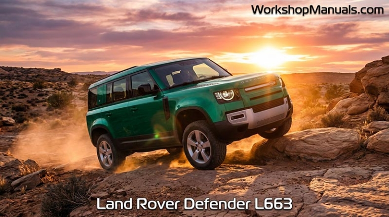 2020+ Land Rover Defender L663 off-road on rocky terrain at sunset