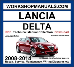 Lancia Delta 2008-2014 technical manual collection cover with burgundy red third generation Lancia Delta