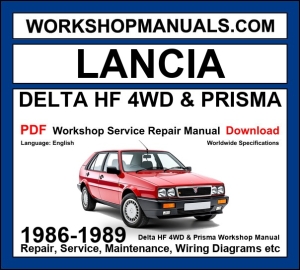 Lancia Delta HF 4WD and Prisma 4WD 1986-1989 workshop service repair manual cover with red Lancia Delta hatchback