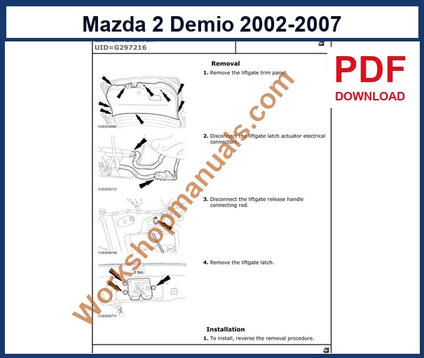 Mazda 2 2002-2007 liftgate latch removal and installation page from the factory workshop manual