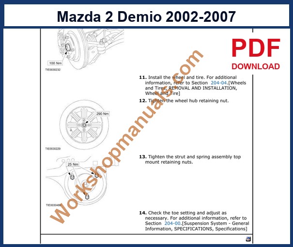 Mazda 2 2002-2007 specifications and torque data sample page from the factory workshop manual