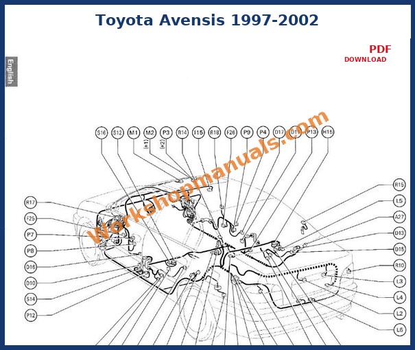Toyota Avensis 1997-2002 electrical wiring routing diagram from the factory workshop manual