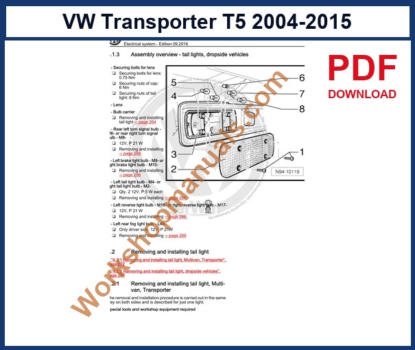 Preview sample page from the VW Transporter T5 factory service manual