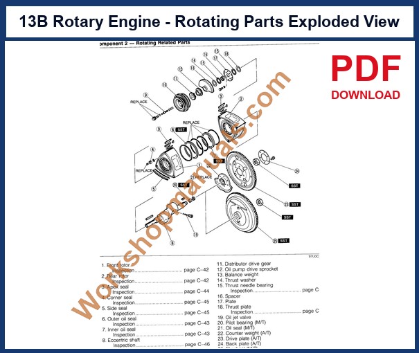 Mazda RX-7 FC workshop manual PDF sample page - 13B rotary engine rotating parts exploded view with rotors, apex seals and eccentric shaft
