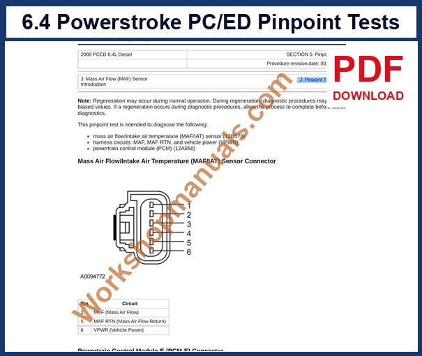 6.4 Powerstroke PC/ED pinpoint test sample page: mass air flow sensor circuit and test steps
