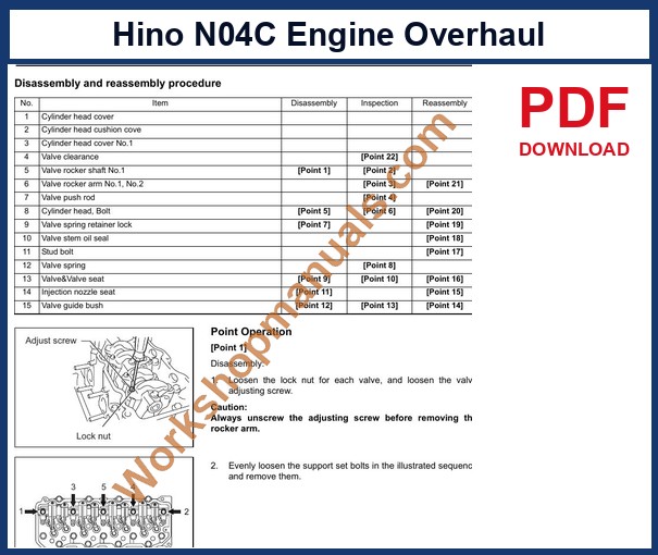 Hino N04C engine overhaul sample page: disassembly and reassembly procedure with inspection steps