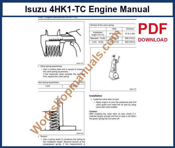 Isuzu 4HK1-TC engine manual sample page: valve spring tension inspection with standard and limit