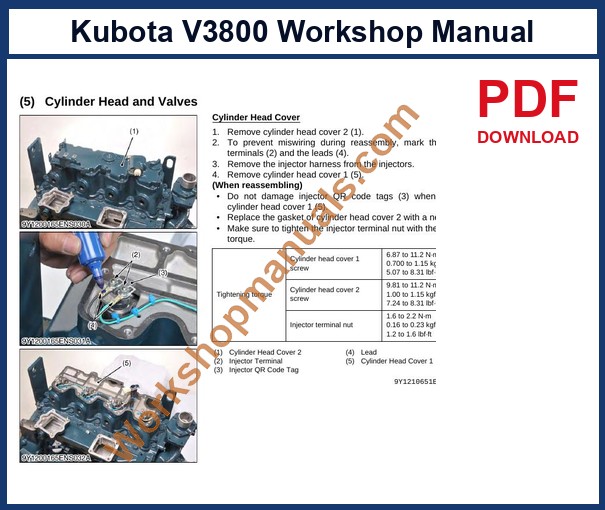 Kubota V3800 workshop manual sample page: cylinder head and valves servicing