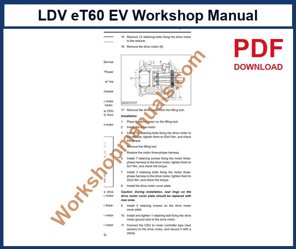 LDV eT60 EV Workshop Manual 2021-2024 sample page: drive motor and reducer replacement exploded diagram