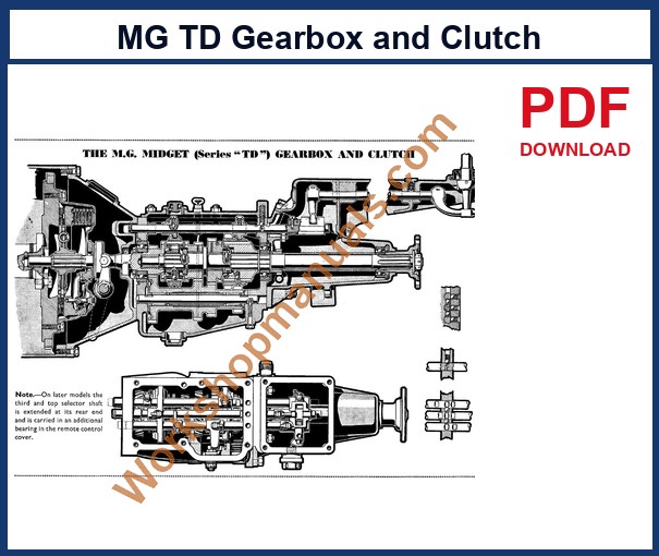 MG TD workshop manual sample page: gearbox and clutch exploded component drawing