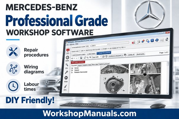 Mercedes A Class workshop software running in a virtual machine, showing repair procedures and vehicle systems