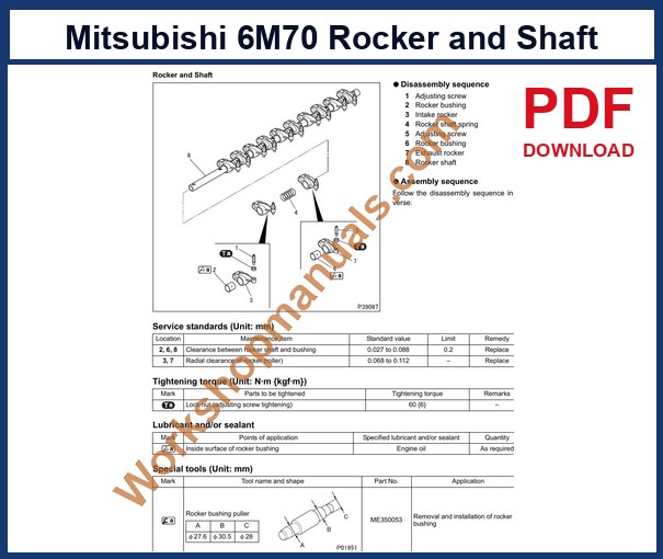 Mitsubishi 6M70 workshop manual sample page: rocker and shaft disassembly sequence