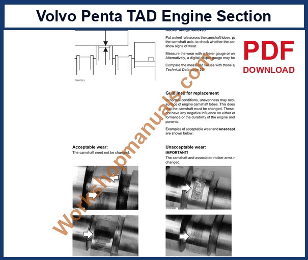 Volvo Penta TAD workshop manual sample page: camshaft wear check and rocker bridge removal