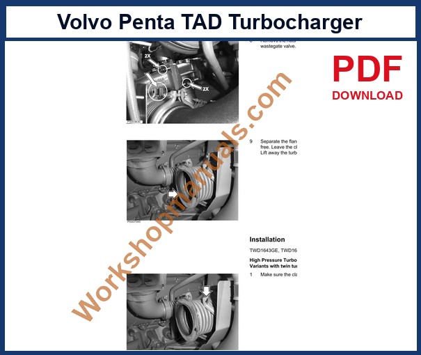 Volvo Penta TAD workshop manual sample page: turbocharger removal procedure