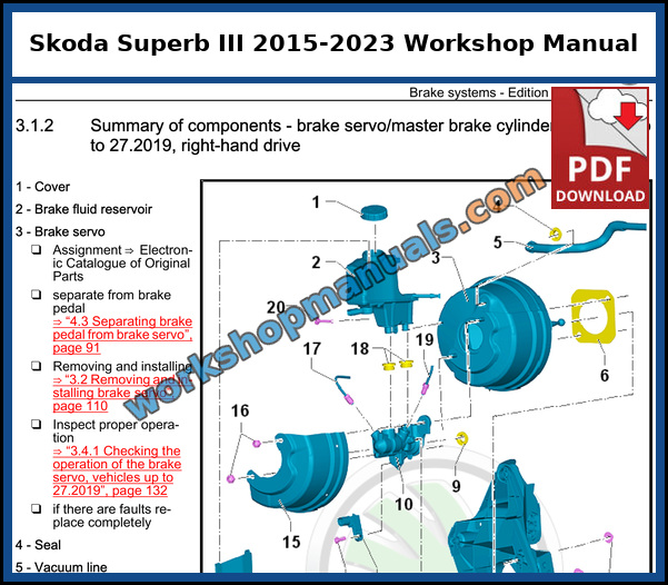 Skoda Superb III 2015-2023 brake system components diagram from the factory workshop manual