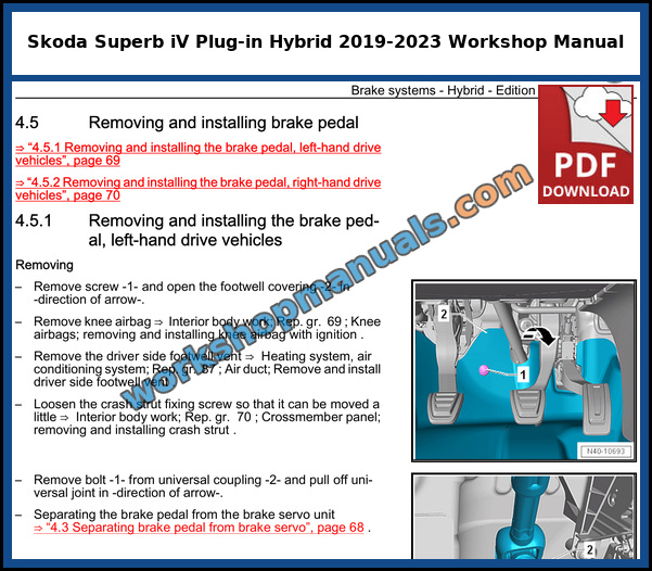 Skoda Superb iV 2019-2023 hybrid brake system repair procedure from the factory workshop manual