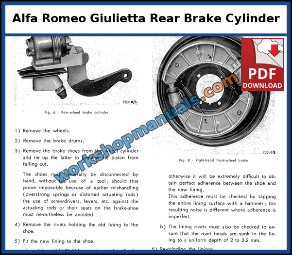 Alfa Romeo Giulietta rear wheel brake cylinder page from the classic shop manual