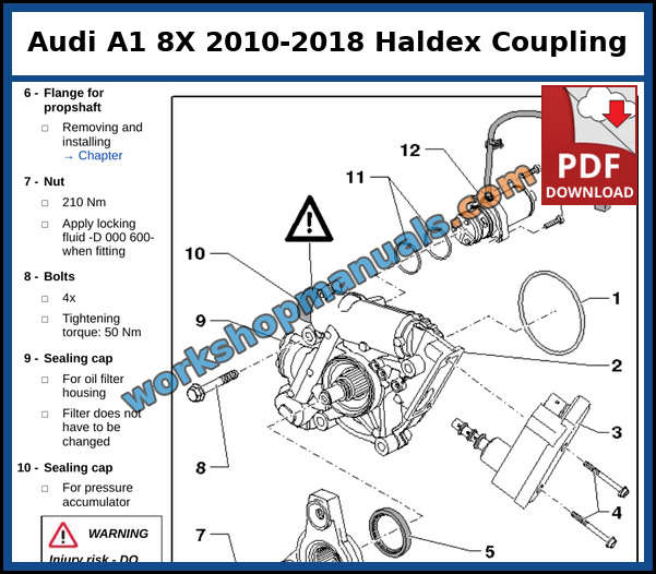 Exploded view of the Haldex coupling on the Audi A1 quattro rear final drive, with the propshaft flange, sealing caps and Haldex coupling pump, from the factory service manual