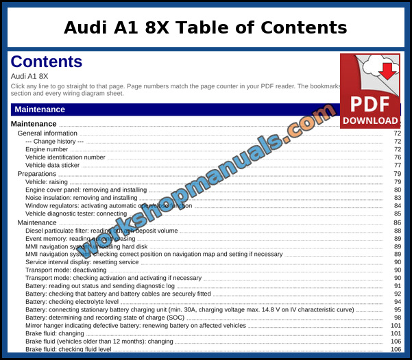 Audi A1 8X Table of Contents (Sample Page) Opening page of the clickable table of contents from the Audi A1 8X service manual PDF, which runs to 70 pages