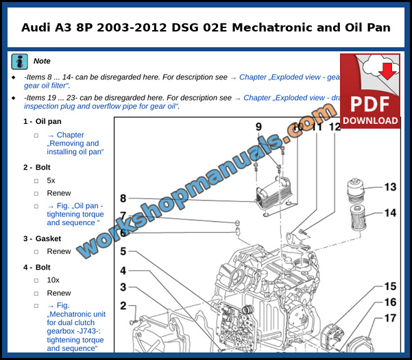 Exploded view of the oil pan, mechatronic unit and gear oil pump on the 6 speed direct shift gearbox 02E of the Audi A3, from the factory service manual