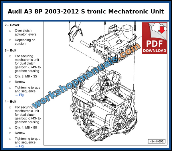 Exploded view of the mechatronic unit for the 7 speed dual clutch gearbox 0AM (S tronic) in the Audi A3, from the factory service manual