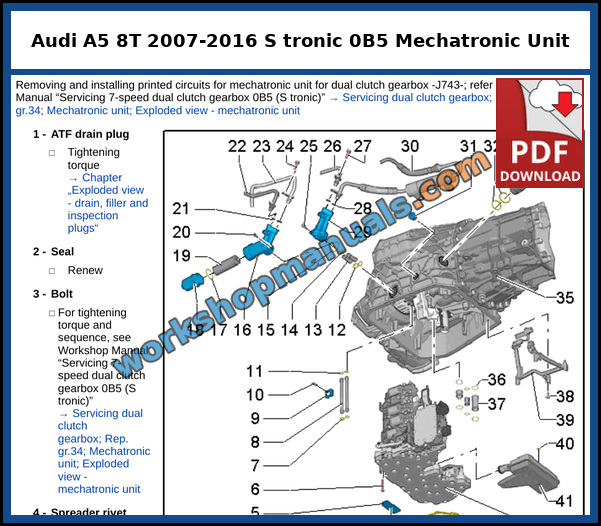 Exploded view of the mechatronic unit and ATF oil pan for the 7 speed dual clutch gearbox 0B5 (S tronic) in the Audi A5, from the factory service manual