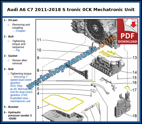 Exploded view of the mechatronic unit, oil pan and hydraulic pressure senders on the Audi A6 7 speed S tronic dual clutch gearbox 0CK, from the factory service manual