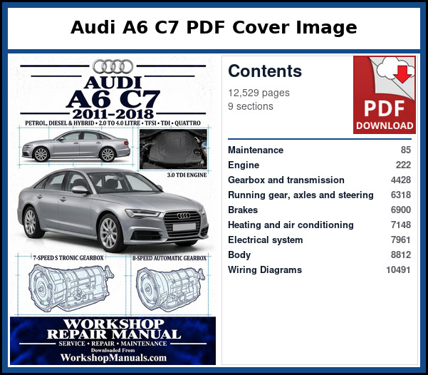 Audi A6 C7 PDF Cover Image with Table of Contents Cover page and contents of the Audi A6 C7 workshop repair manual PDF for 2011 to 2018, with page numbers for maintenance, engines, gearbox, running gear, electrics and body