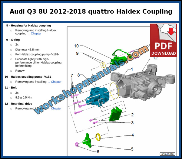 Exploded view of the Haldex coupling with the Haldex coupling pump, housing and rear final drive on the Audi Q3 quattro, from the factory service manual