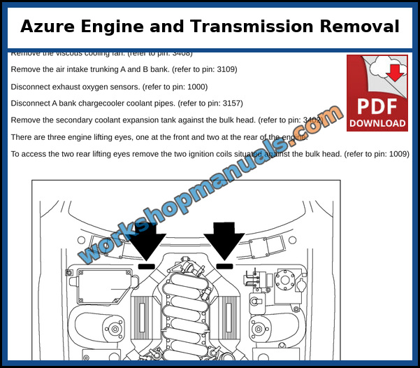 Bentley Azure engine and transmission removal on the 6.75 litre twin turbo V8, lifting eye locations, page from the dealer service manual
