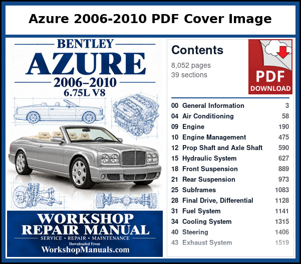 Bentley Azure 2006-2010 PDF Cover Image with Table of Contents Cover and contents page of the Bentley Azure service manual PDF covering 2006 to 2010, 8,052 pages