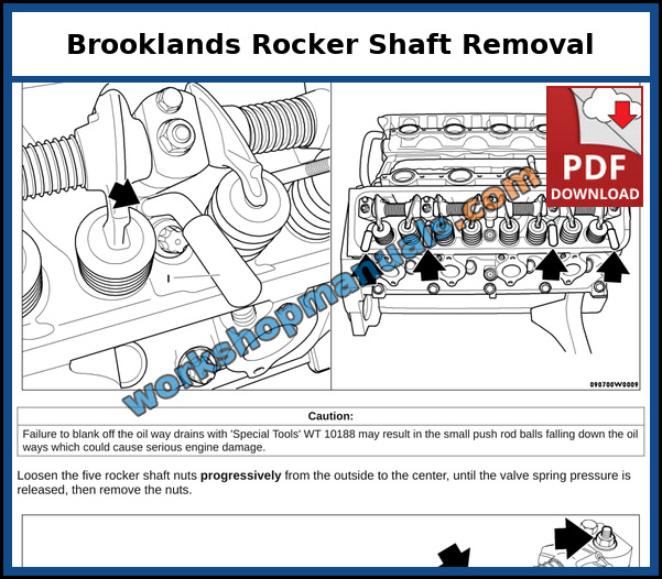 Bentley Brooklands rocker shaft removal with clamp screw sequence on the 6.75 litre twin turbo V8, page from the dealer service manual