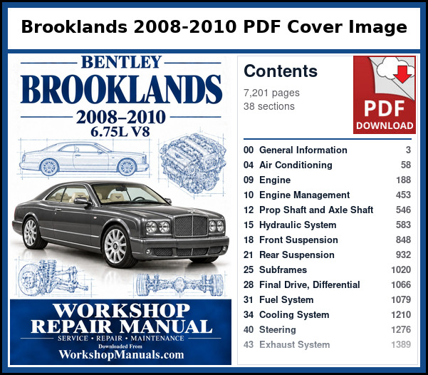 Bentley Brooklands 2008-2010 PDF Cover Image with Table of Contents Cover and contents page of the Bentley Brooklands service manual PDF covering 2008 to 2010, 7,201 pages
