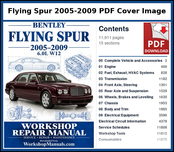 Bentley Continental Flying Spur 2005-2009 PDF Cover Image with Table of Contents Cover and contents page of the Bentley Continental Flying Spur service manual PDF covering 2005 to 2009, 11,911 pages