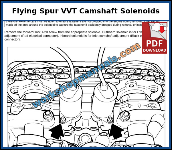 Bentley Continental Flying Spur camshaft adjustment (VVT) solenoid removal on the W12 twin turbo engine, page from the dealer service manual