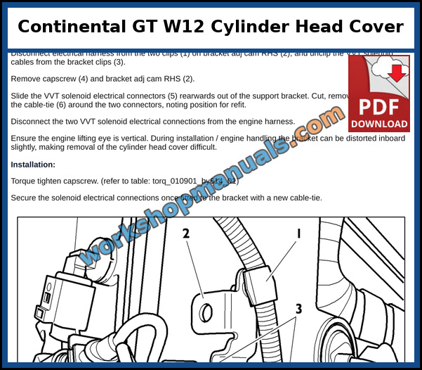 Bentley Continental GT bank 1 cylinder head cover removal on the W12 twin turbo with VVT solenoid connectors and brackets numbered, page from the dealer service manual