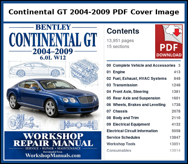 Bentley Continental GT 2004-2009 PDF Cover Image with Table of Contents Cover and contents page of the Bentley Continental GT service manual PDF covering 2004 to 2009, 13,951 pages