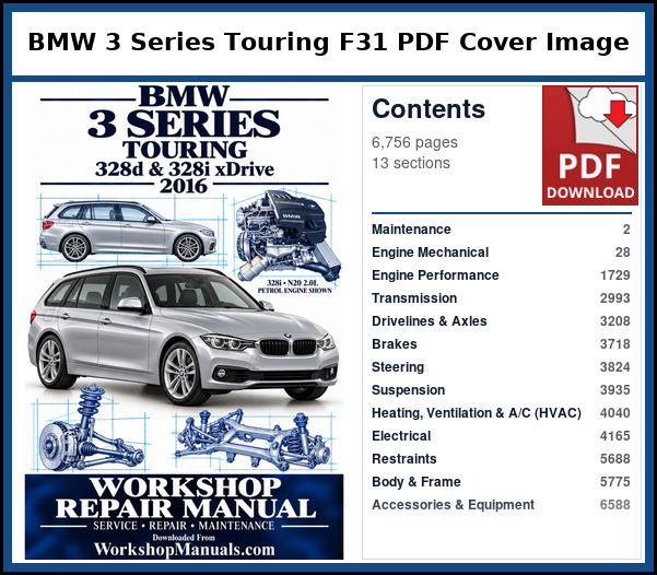 BMW 3 Series Touring F31 PDF Cover Image with Table of Contents Cover and contents page of the BMW 3 Series Touring F31 service manual PDF covering 2016, 6,756 pages