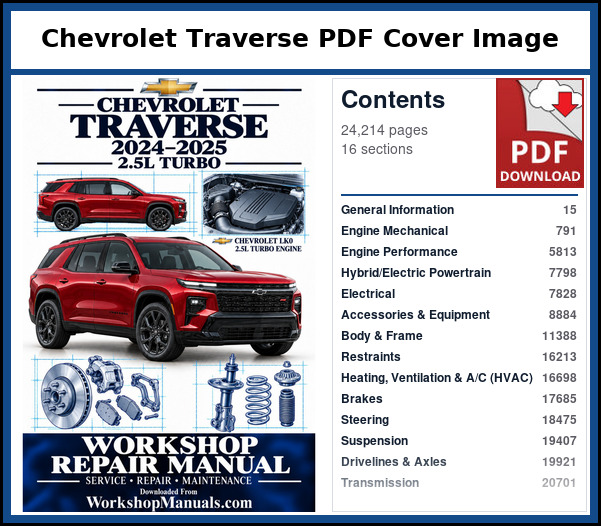 Chevrolet Traverse PDF Cover Image with Table of Contents Cover and contents page of the Chevrolet Traverse service manual PDF covering 2024 to 2025, 24,214 pages
