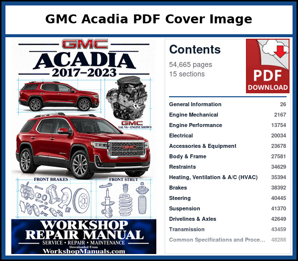 GMC Acadia PDF Cover Image with Table of Contents Cover and contents page of the GMC Acadia service manual PDF covering 2017 to 2023, 54,665 pages